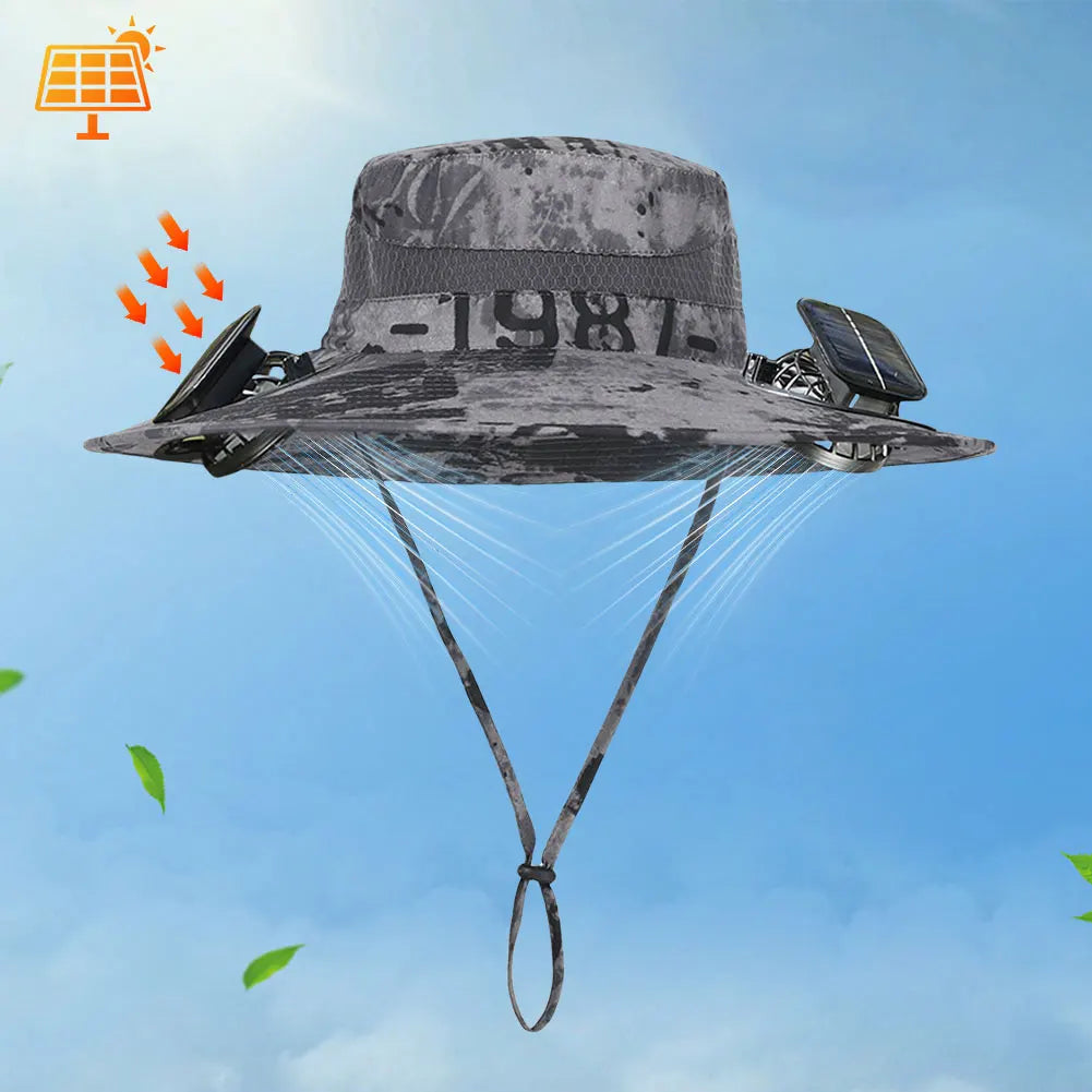 Solar Fan Hat Outdoor Fishing Hat with 2 Solar Fan Wide Brim Bucket Hat Summer Cap for Men Outdoor Camping Fishing Hiking