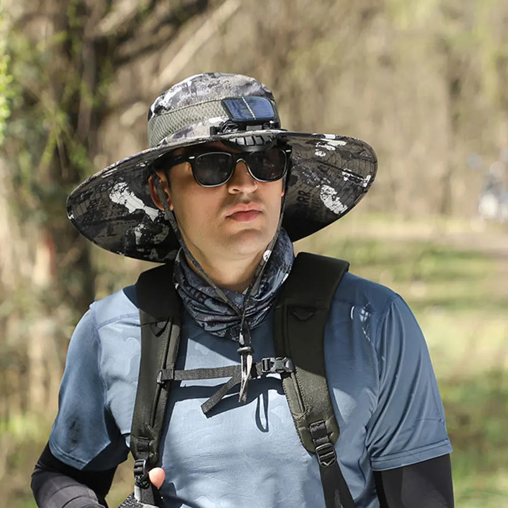 Solar Fan Hat Outdoor Fishing Hat with 2 Solar Fan Wide Brim Bucket Hat Summer Cap for Men Outdoor Camping Fishing Hiking